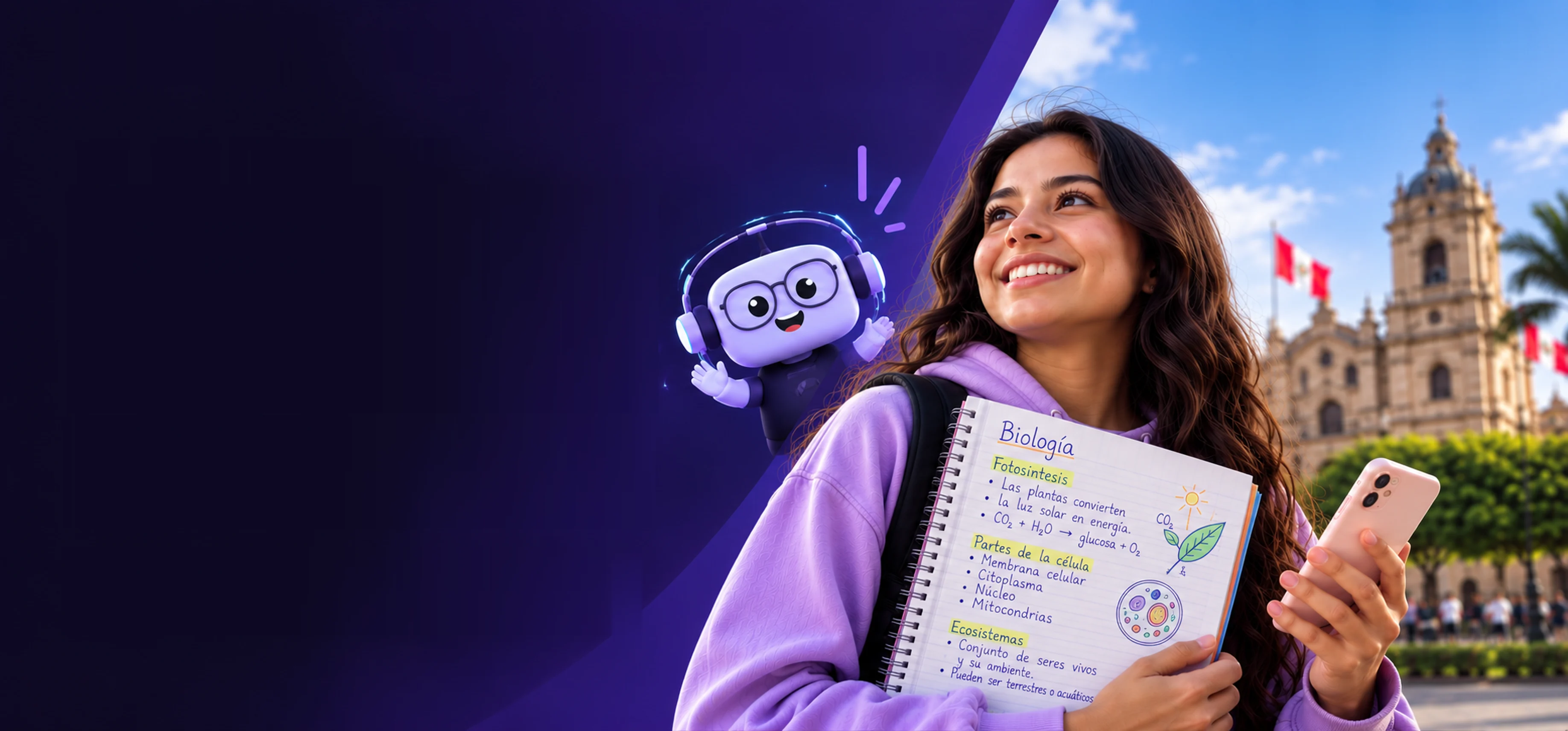 Estudiante sonriendo con sus apuntes de Biología frente a la Catedral de Lima, junto a la mascota de EstudIA