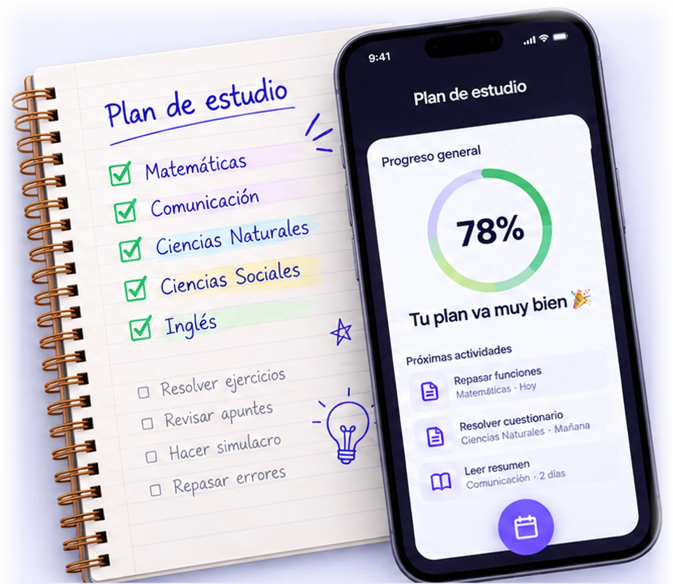 Cuaderno con un plan de estudio y celular mostrando 78% de progreso