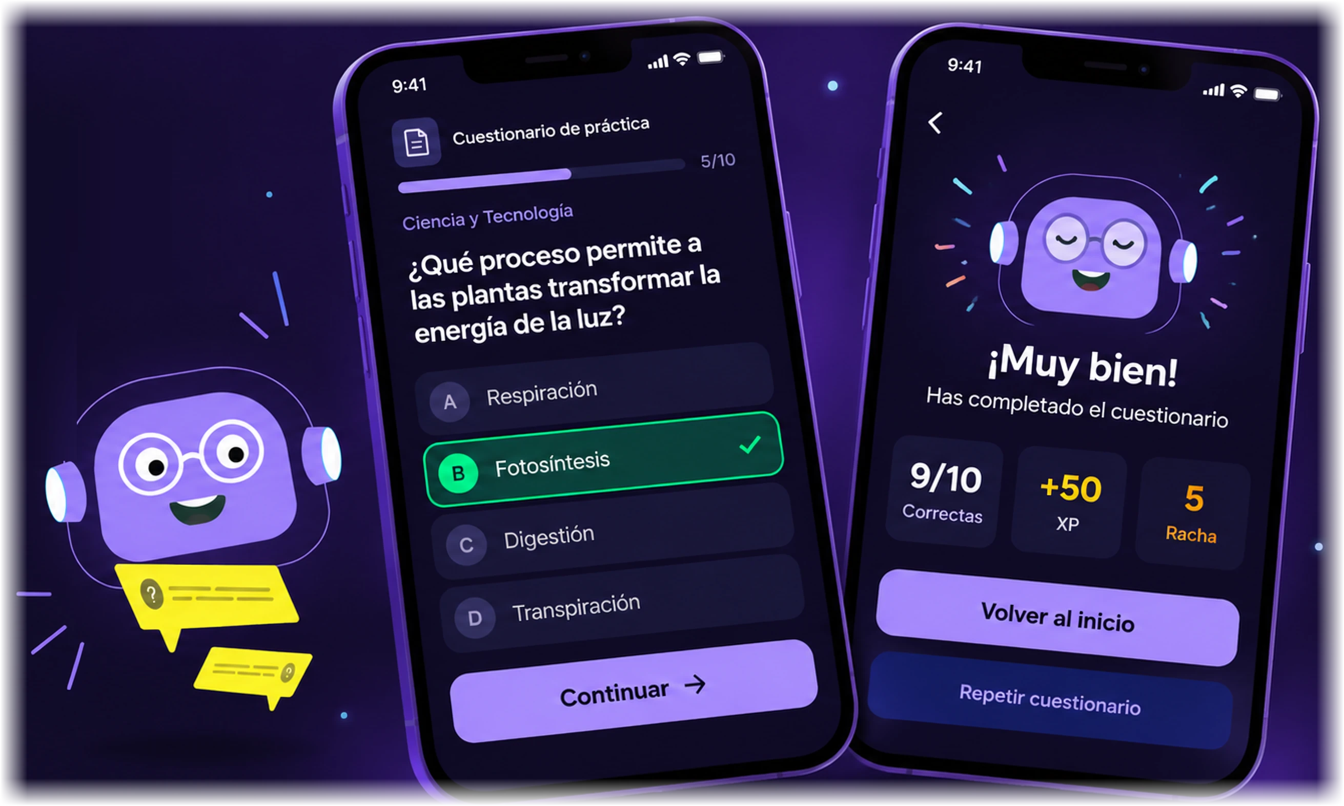 Mascota de EstudIA y dos celulares con un cuestionario de práctica y el resultado ¡Muy bien!