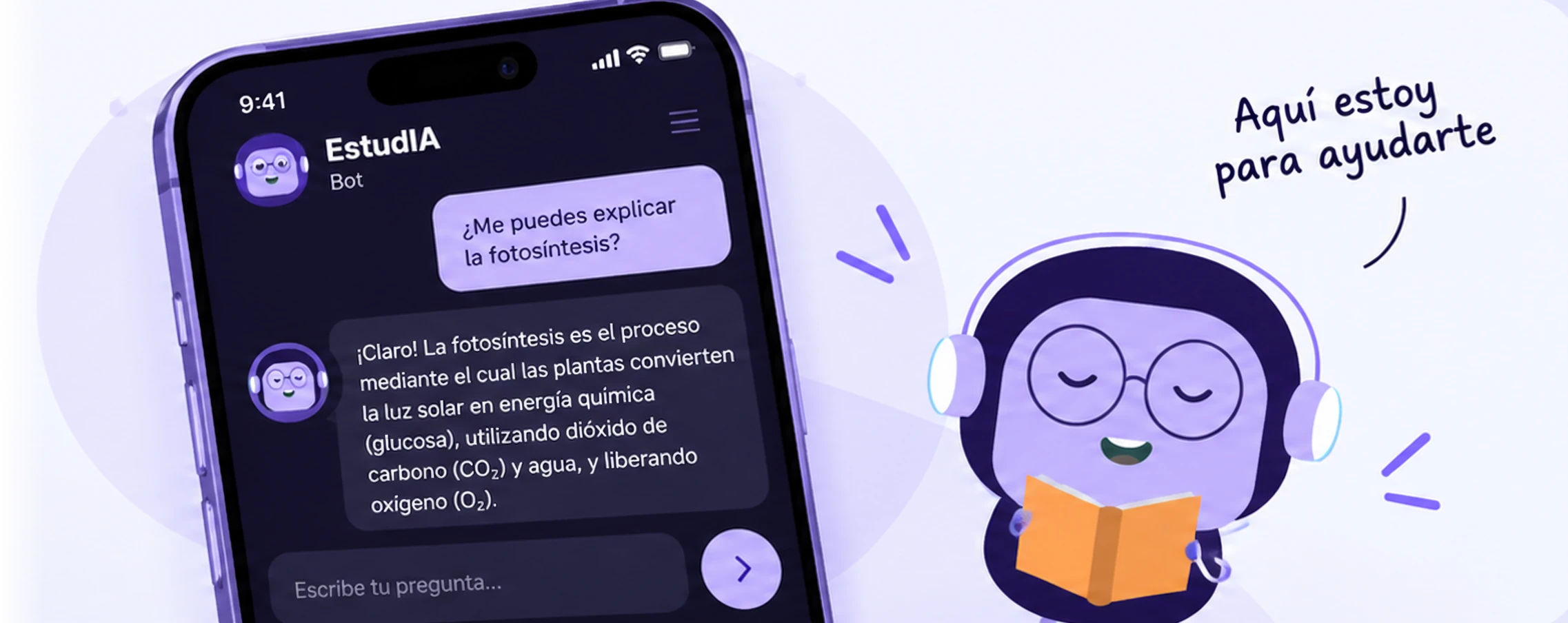 Chat con el tutor IA explicando la fotosíntesis y la mascota de EstudIA leyendo
